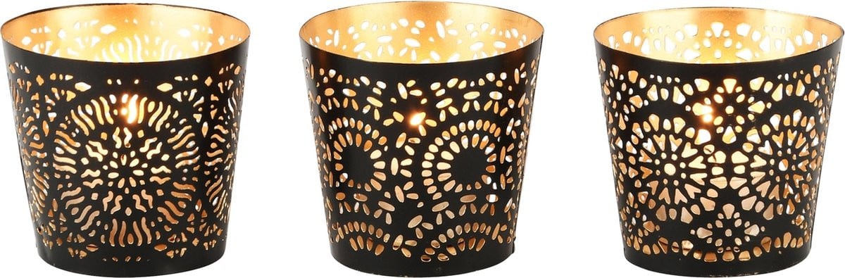 Set van 3 decoratieve Mandala theelichthouders in zwart/goud van metaal, 7 x 7 x 7 cm