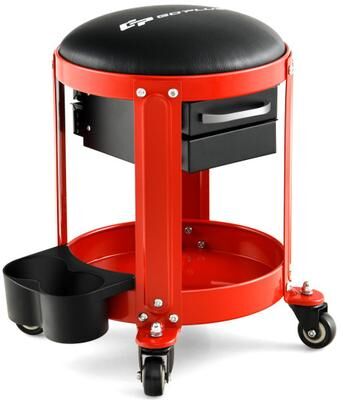 Costway Rolling Mechanic Stool with Removable Padded Seat and Drawers-Red