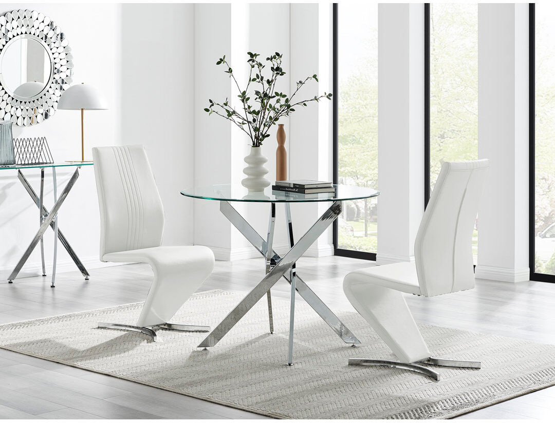 Canora Grey Tierra Modern Chrome Metal & Glass Round Dining Table Set with 2 Modern Design Faux Leather Chairs White 2