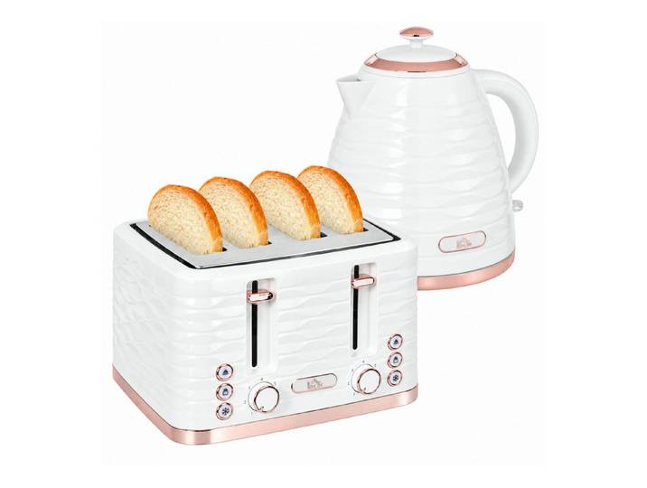 FELIXLEO Toaster 2-in-1 Toaster Wasserkocher Set 7 Bräunungsstufen Auftauen Cremeweiß