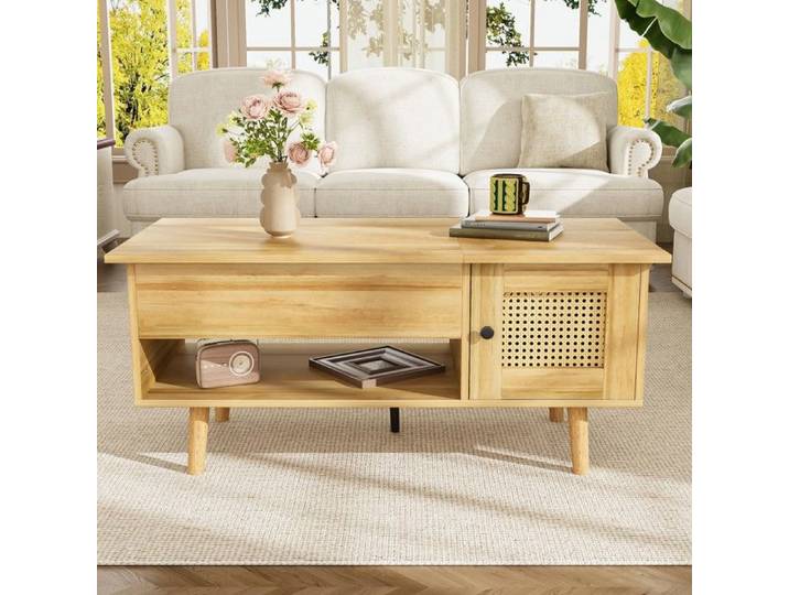 Table Basse Élégante Noir et Rotin-Plateau Bois et Porte Tissée-Rangement Pratique et Fonctionnel-Design Moderne Salon