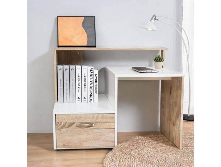 Bureau informatique beige avec tiroirs et étagères multifonctions 137x55 cm - Beige MDF et rail en métal 53.94 x 21.65 x
