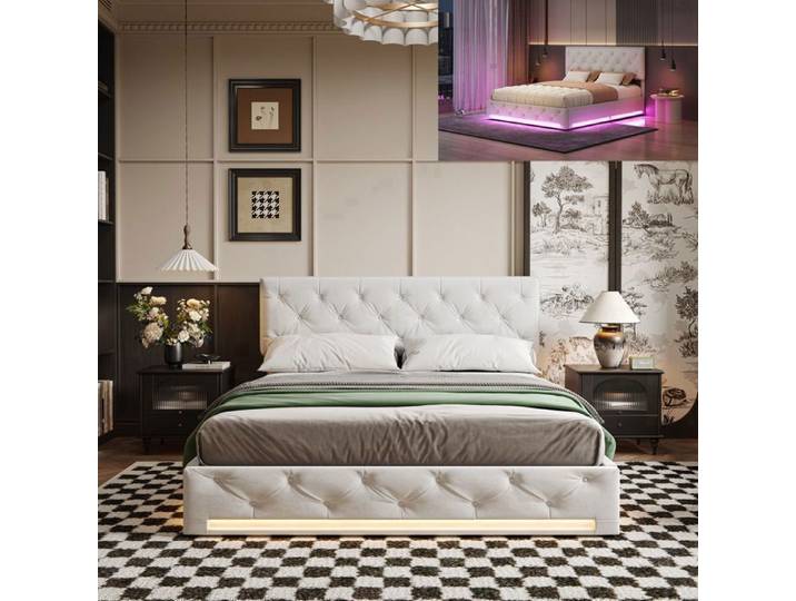 Lit 140x200 cm - LED - tissu en lin - cadre de lit adulte - lit adulte 140x200 cm - 140x200 cm - Beige
