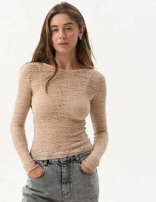Smart Shopping Spot Women Sheer Lace Top Slim Fit Long Sleeve Round Neck Undershirt For Spring Casual Streetwear khaki m