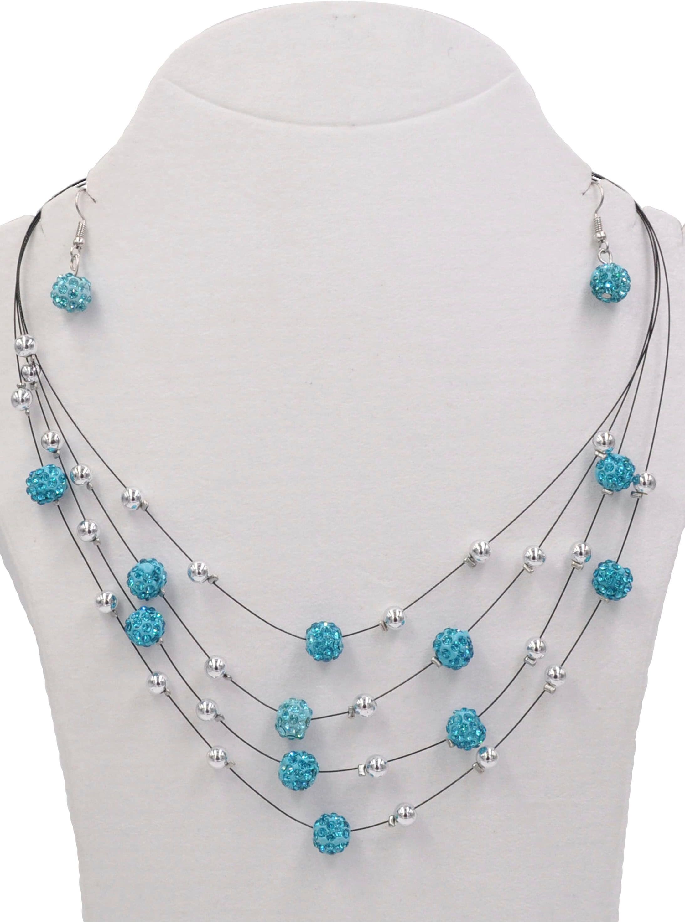 Ohrring und Ketten Set FIRETTI "Blue Crystal", blau (metallfarben, hellblau, hellblau), Schmuck_Sets, Metall, bunt, glitzernd, glänzend, Ohrring und Ketten Set, mit Glasstein