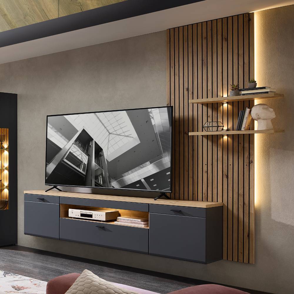 Pharao24.de Wohnzimmerwand modern TV Wohnwand in Dunkelgrau mit Metallgriffen (fünfteilig)
