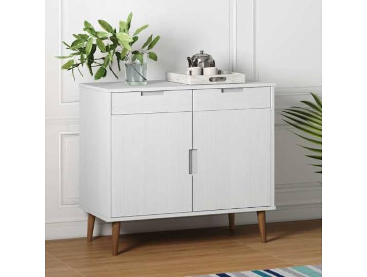 HEFZGDB Skandinavisches Sideboard aus Massivholz Kiefer mit UV-Lackierung, Weißes Sideboard mit 2 Schubladen und 2 Türen für reichlich Stauraum, Klassischer Beistellschrank