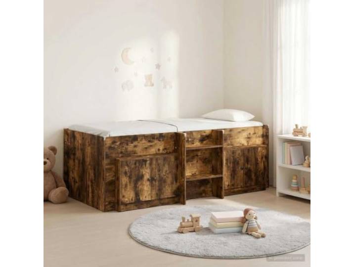 RJPLMFV Loft-Bettrahmen mit Schrank, 3-teilig, Eiche rauchfarben Modernes Design, Latten inklusive, integrierte Leiter, nachhaltiges Holz, ohne Lattenrost