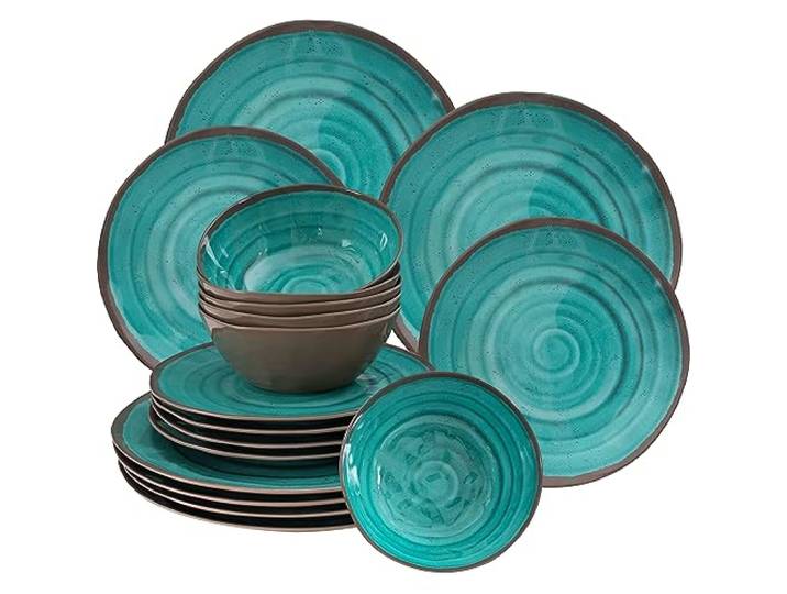 Melamin Geschirr Set 6 Personen Steingut Optik aqua-grün 18 Teile Tellern