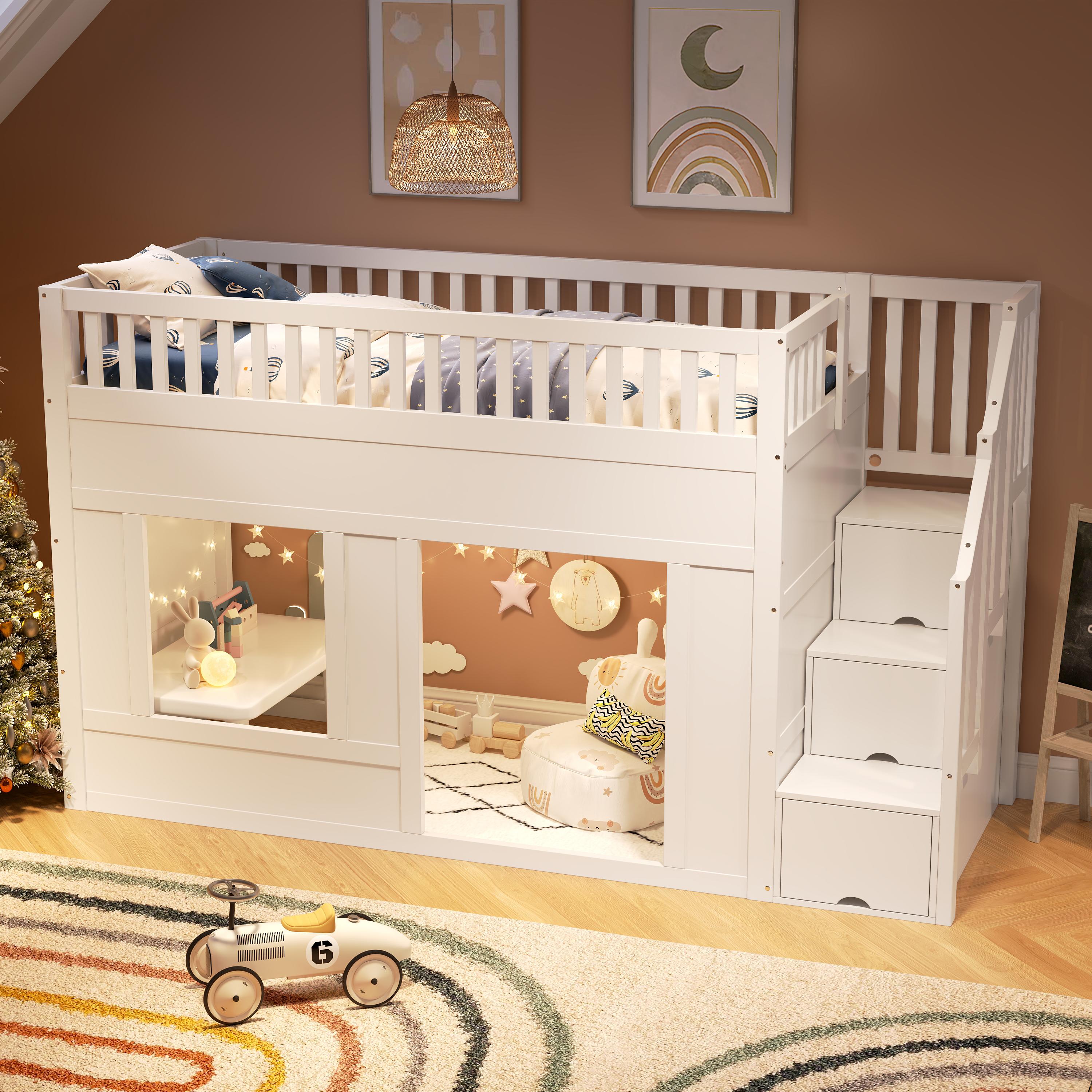 MODFU Kinderbett Etagenbett 90x200 Stockbett mit Treppenschrank und ausreichend Platz,Bettgestell Jugendbett mit umbaubarer Spielraum darunter,Weiß-mit matratze