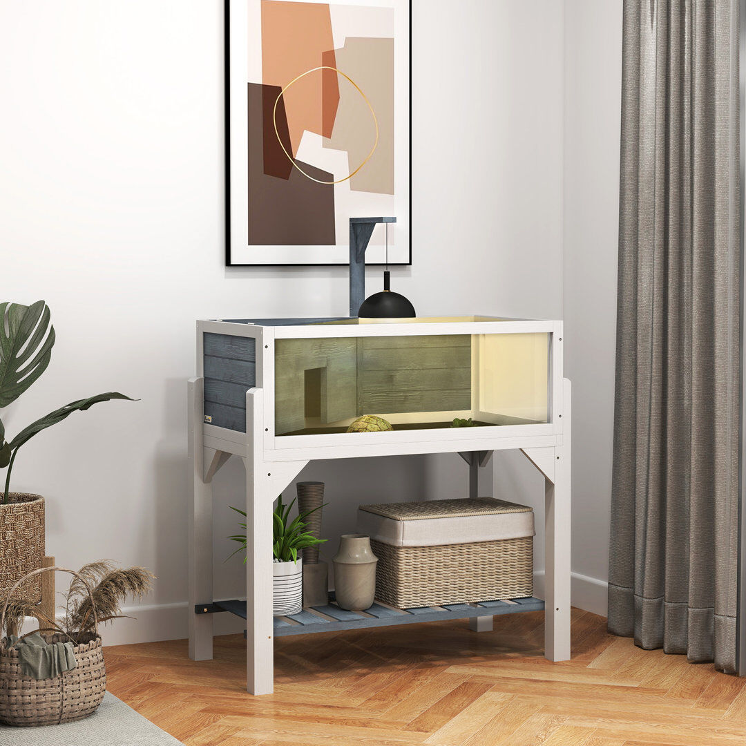 PawHut Wooden Tortoise House with Storage Shelf Clear Observation Windows 90cm H X 84.5cm W X 47.5cm D