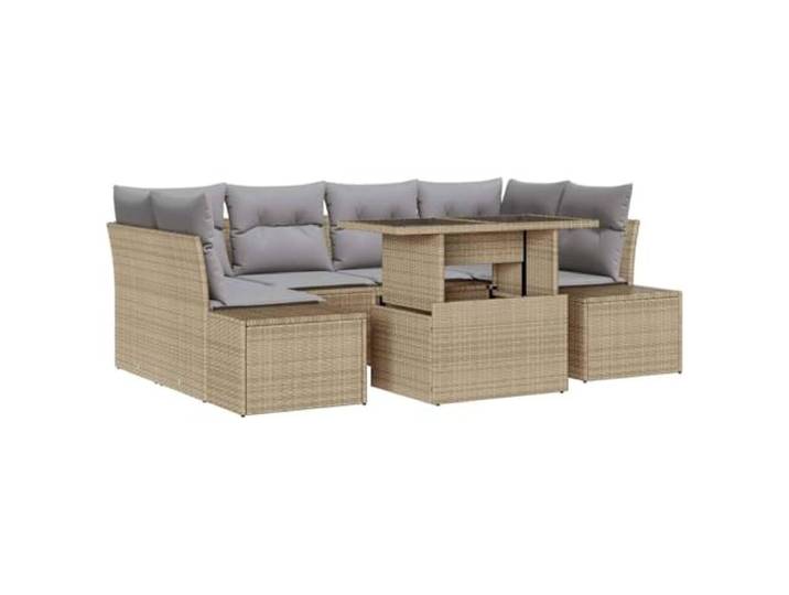 ZQQLVOO Sofa Set 7 STK. Beige Hellgrau Poly-Rattan Modulares Design, Gartenpolster Polyesterfaser, höhenverstellbare Tischplatte, für Garten und Terrasse