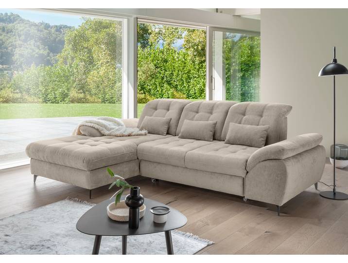 Wohnlandschaft OTTO HOME Delphino Multifunktionen, Bettfunktion, Breite 273cm, L-Form , beige (taupe), Sofas, B/H/T: 273cm x 189cm, Microfaser, Armlehne rechts Recamiere links, taupe, 100% Polyester, Wohnlandschaft, inkl. Bettkasten, Schlaffunktion, Kopfteil- und Sitztiefenverstellung, B:273cm T:189cm