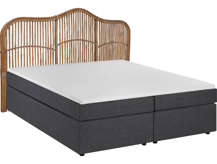 Boxspringbett SIT Syracuse 180x200 cm mit Rattan-Kopfteil und Topper , grau (dunkelgrau, natur), B:200cm L:204cm, Massivholz, Polyester, Komplettbetten, Boxspringbett, Kopfteil aus echtem Rattan trifft auf Boxspringkomfort