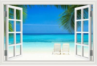 Uplift Picks 3D Beach Window Wall Sticker Ocean View Self Adhesive Wall Mural Decor 02 60x90cm 24x36inch