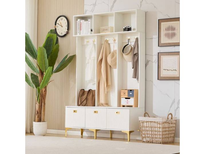 Ensemble armoire blanc 120x40x191 cm avec banc de rangement multifonctionnel armoire rangement ouvert avec 6 crochets et pieds dorés
