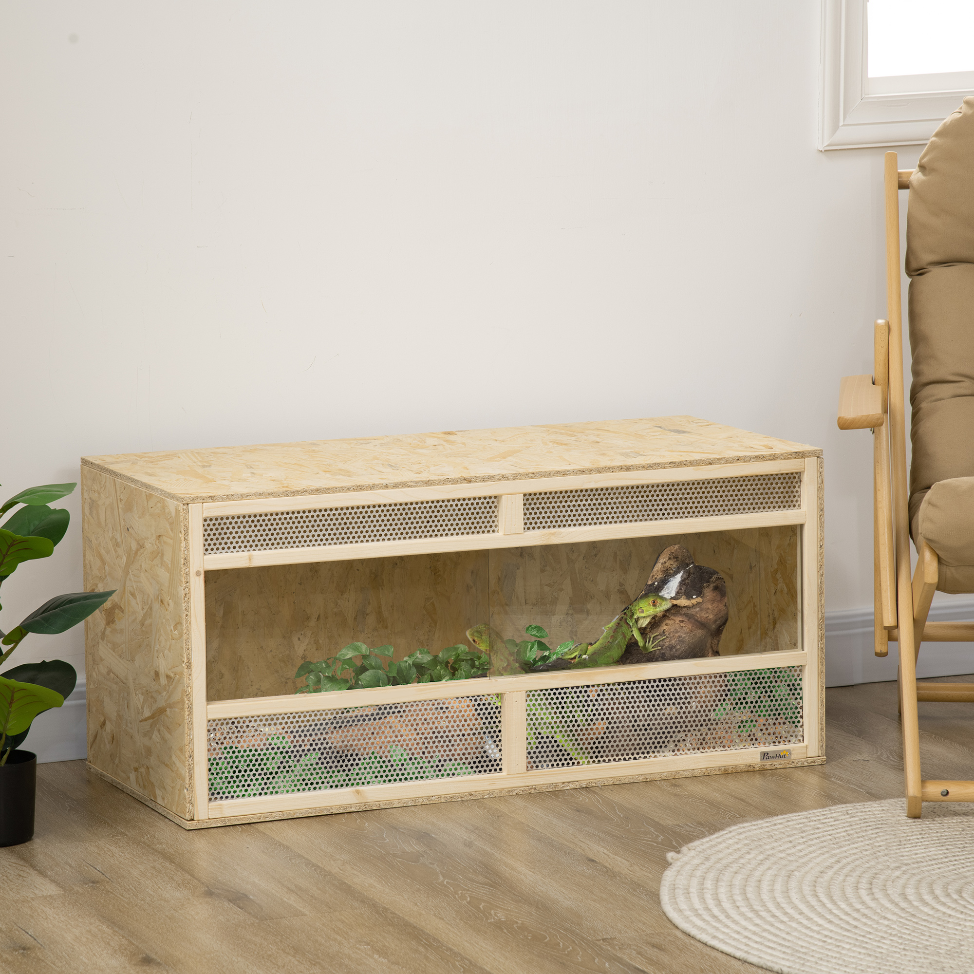 Pawhut Terrario in legno OSB per rettili con porta scorrevole in vetro - 100 x 47 x 47 cm naturale