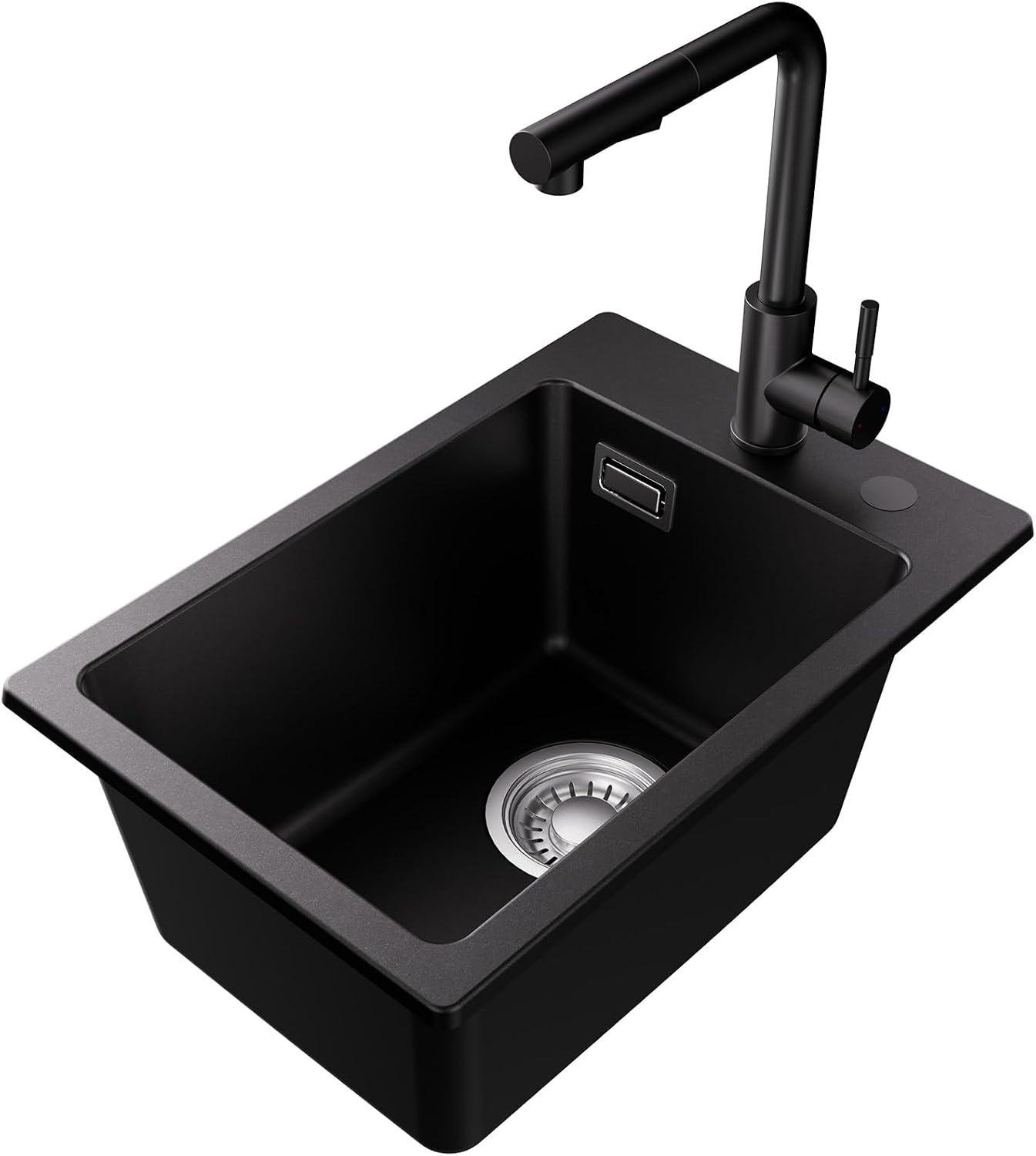 Schwarze Granitspüle 30×45 cm mit ausziehbarer Küchenarmatur, kleine Einbauspüle mit Wasserhahn Set