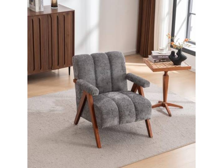 LOBO OFFICE Mid-Century Einzelsessel Bouclé Stoff Massivholzbeine Hautfreundlicher weicher Bouclé-Stoff, dicke hochdichte Schaumpolsterung mit segmentierter Rückenlehne für wolkenweichen Sitz