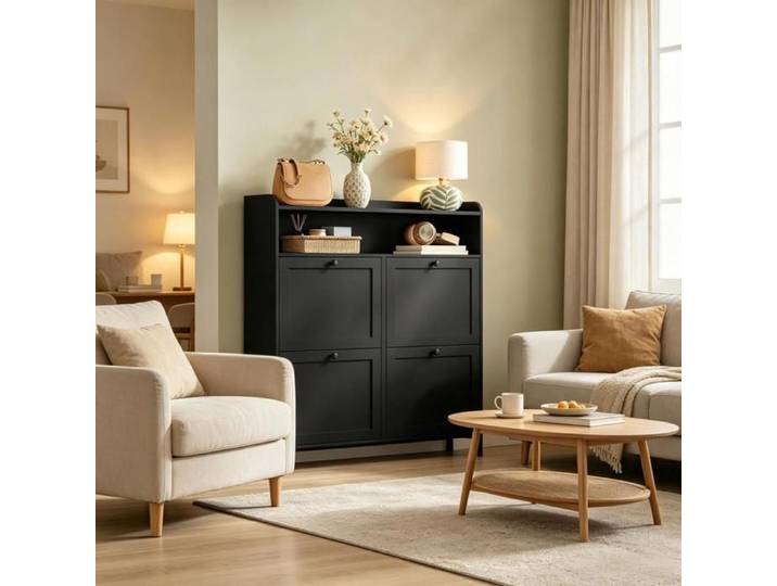 JOINERY Meuble à Chaussures Armoire D Entrée Rangement Étroit 100 x 19 5 x 107 cm 4 Compartiments Noir Métal Bois Moderne