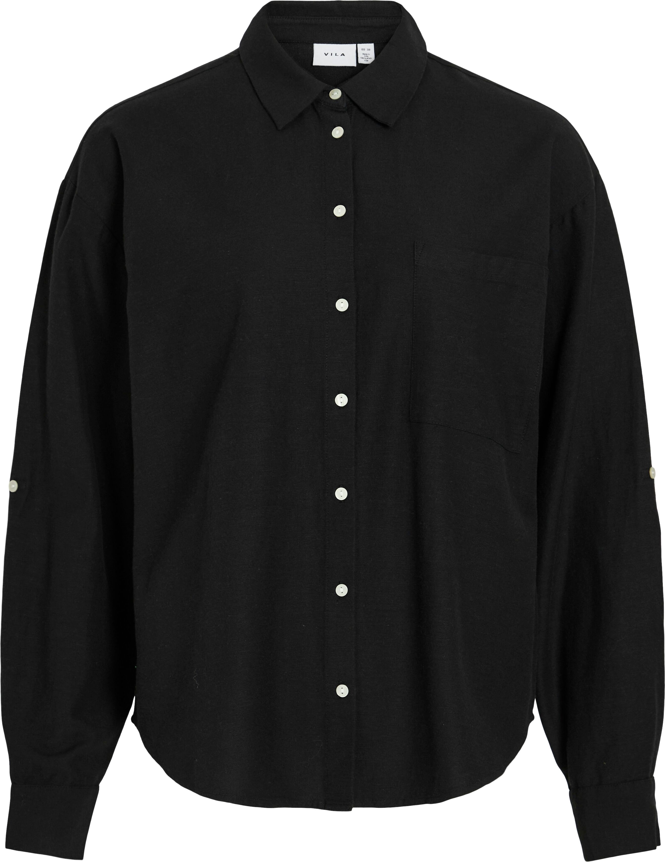 Langarmbluse VILA "VIPRISILLA L/S LOOSE SHIRT - NOOS", Damen, Gr. 34, schwarz (schwarz beauty), Web, Obermaterial: 50% Viskose, 40% Baumwolle, 10% Leinen, unifarben, lässig geschnitten normal, Blusen Langarmbluse schwarz beauty 34