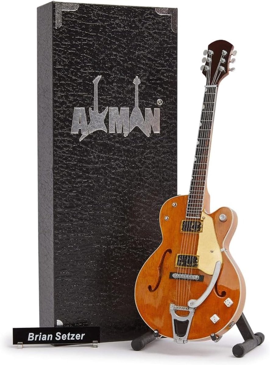 Handgemaakte Brian Setzer miniature gitaar replica schaal 1/4 met showbox en naamplaatje