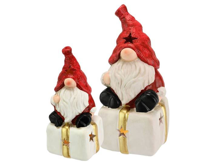 Dekofigur I.GE.A. Wichtel auf Geschenk , rot (weiß, rot), B:6cm H:13cm, Terrakotta, Dekofiguren, Dekofigur, Mit LED 2er Set Weihnachtsdeko Kunstfigur Deko Statue Skulptur