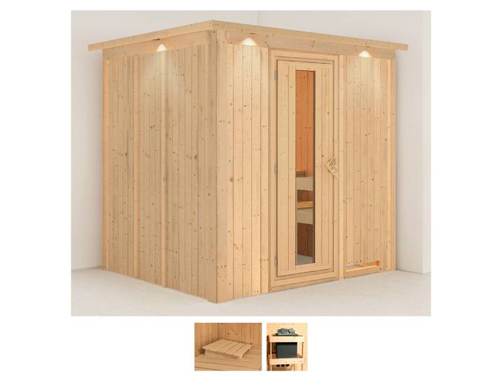 Sauna KARIBU Dima , beige (naturbelassen), ohne Ofen, (ohne Ofen), Saunen, Sauna, ohne Ofen