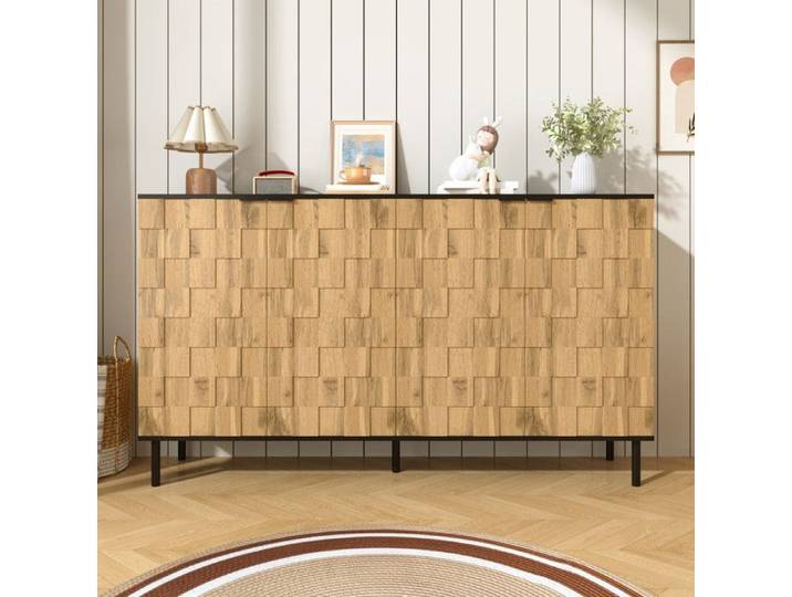 Buffet mosaïque Buffet bas 4 portes Meuble de rangement Aspect bois 160x35x80.5 cm Panneaux de particules Pieds en métal