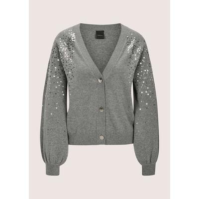 Strickjacke MADELEINE "Strickjacke Elegante Feinstrickjacke mit V-Ausschnitt", Damen, Gr. 36/38, silber (graphit, melange, silberfarben), Obermaterial: 95% Baumwolle CO. 5% Kaschmir WS., Modern, figurumspielend, Strickjacken Strickjacke, Ballonärmel