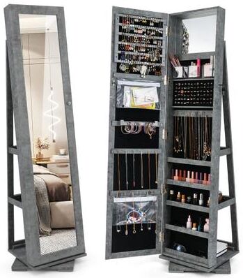 Costway 360° Rotatable 2-in-1 Lockable Jewelry Cabinet with Full-Length Mirror-Green