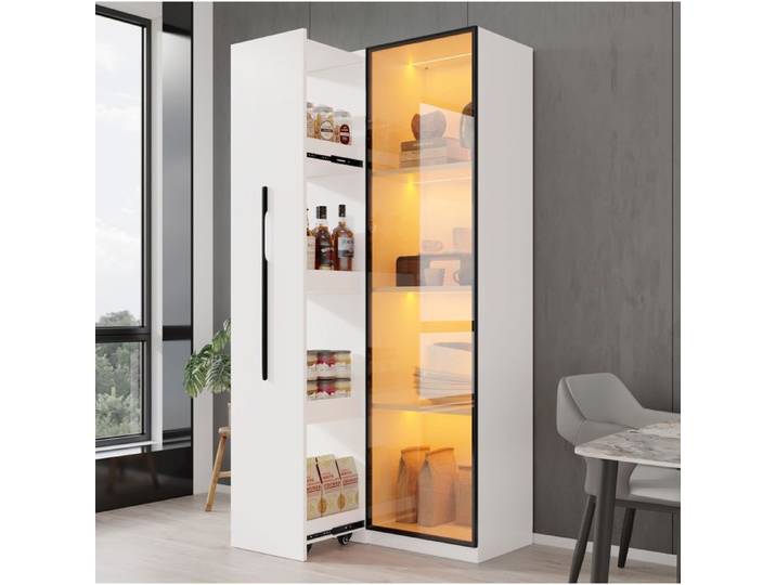Vitrine bibliothèque multifonction LED verre trempé cadre aluminium roulettes blanc MDF VEVXYN