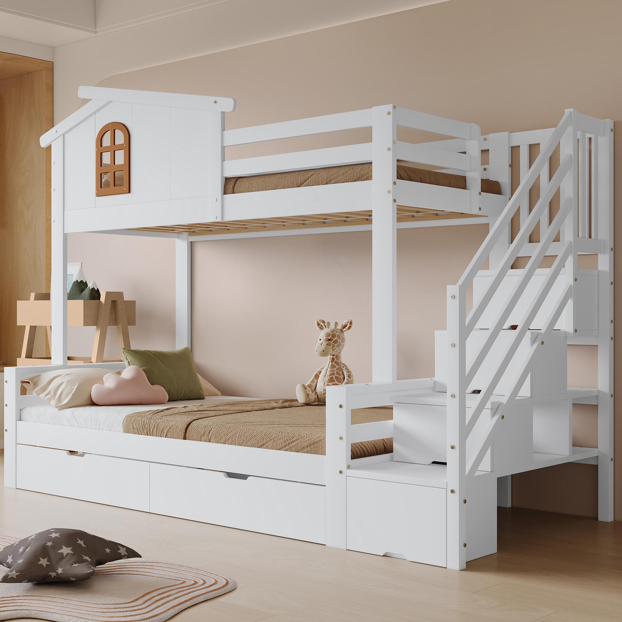 MODFU Etagenbett 90x200cm mit Stauraum,Kinderbett Bettgestell mit Zwei Schubladen aus Rollen,Jugendbett Holzbett mit Eck-Leiterschrank und Fenster