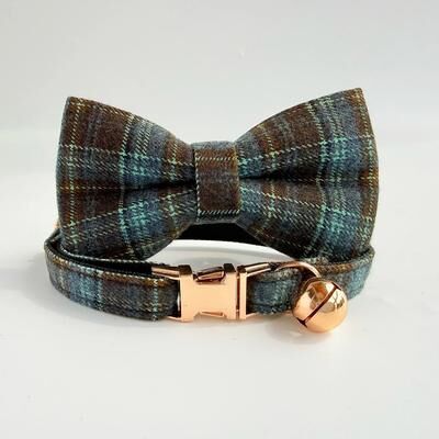 Uplifted Finds Elegant Tweed Check Cat Collar With Pearl Charm blue Collar Bow s