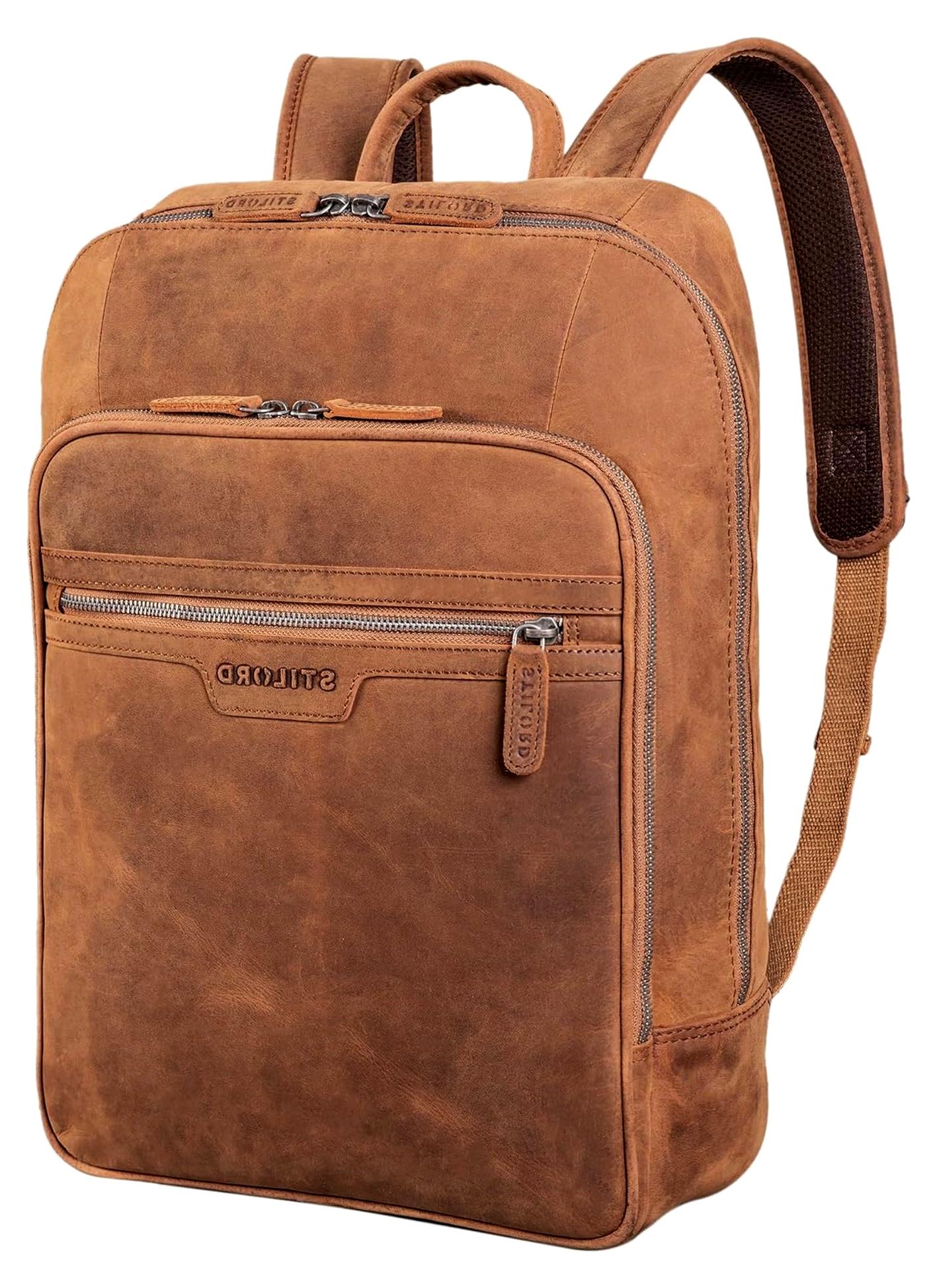 Business Rucksack aus Leder Groß - Lederrucksack XL im Vintage Design für 15,6 Zoll Laptop und Aktenordner - Echtleder für Trolley - Farbe: tan - Dunkelbraun