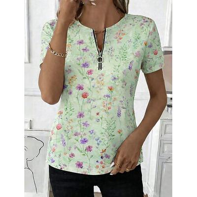 Damen T Shirt Viertel Postleitzahl Blumen Grafik Pflanzen Tropisch Hawaiianisch Stilvoll Kurzarm Rundhalsausschnitt Normale Oberteile Täglich Sport Ausgehen Blau Rosa Grün Sommer Frühling