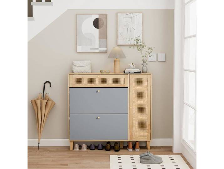 GOOBUY Armoire à Chaussures en Rotin Meuble à Chaussures Inclinable 4 Compartiments Cabinet Botte sur Côté Naturel et Gris