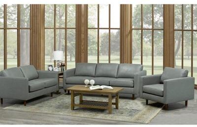 Booker Mid Century Modern Grey Top Grain Italian Leather Tufted Sofa, Loveseat and Chair