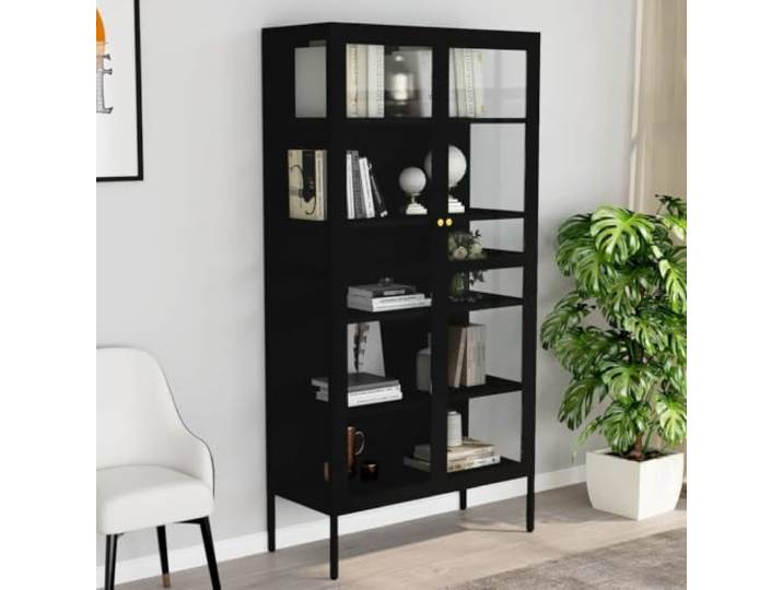 GPWERSDF Vitrine Schwarz 90x40x180 cm Stahl und Gehärtetes Glas 4 verstellbare Einlegeböden, Stahlrahmen, gehärtetes Glas, feucht abwischbar, Beistellschrank