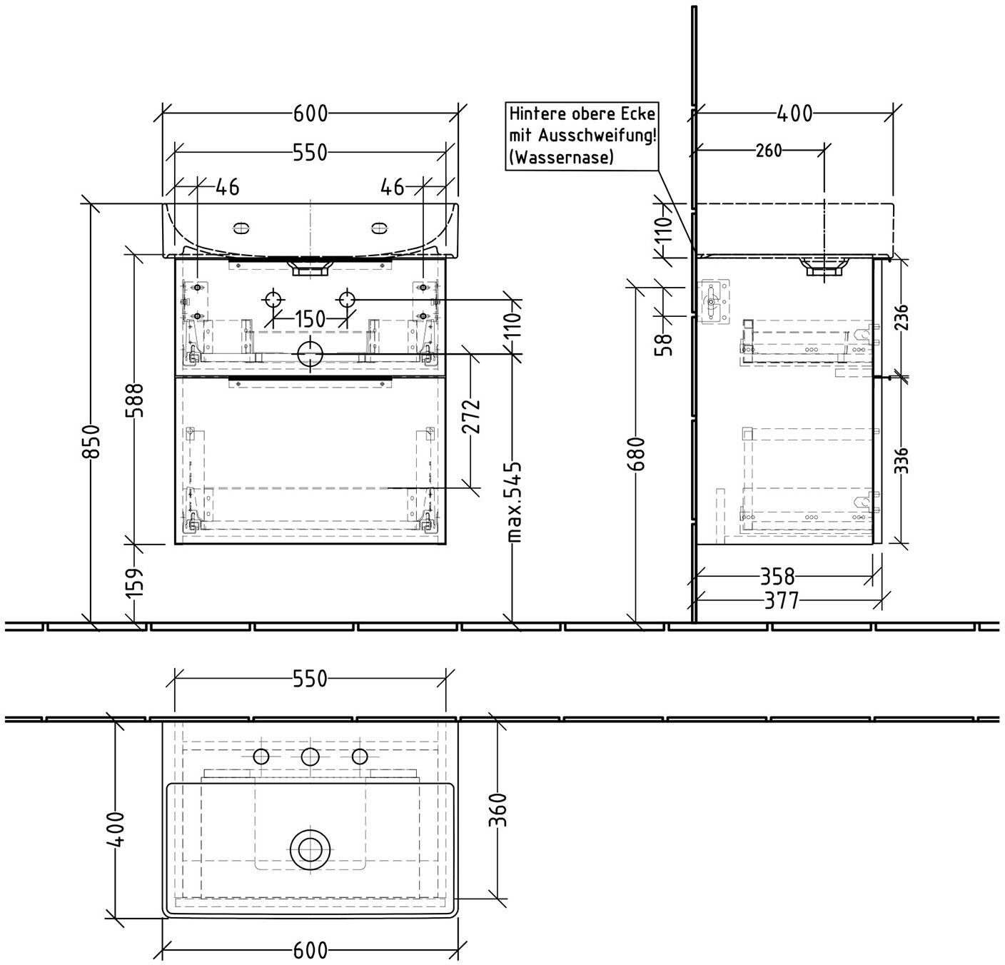 Sanipa 3way Waschtischunterbau für Keramik-Waschtisch Dura Square 60 cm, 2 Auszüge mit Aufsatzgriff, geringere Tiefe