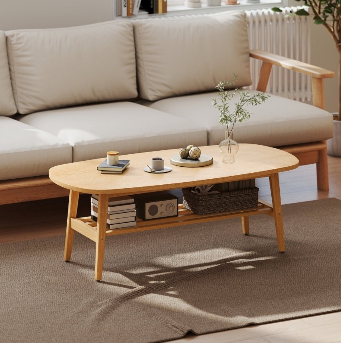 REDOM Salontafel met ovaal tafelblad en open onderblad in natuurlijk hout, B/D/H: 120 x 60 x 42 cm