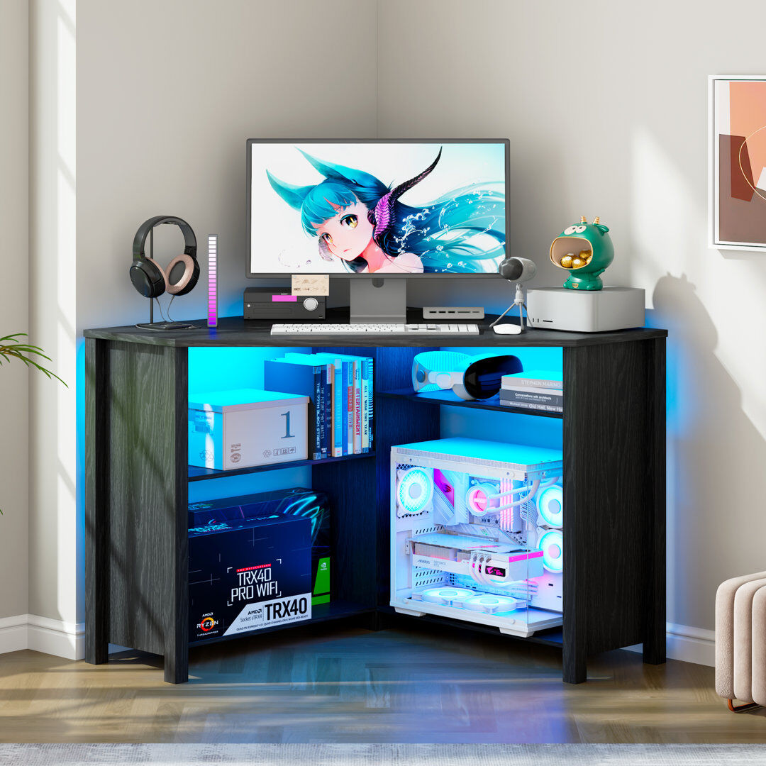 Blue Elephant Pentagonal Corner Computer Desk with Charging Station, Adjustable Led Lighting Black 78cm H X 88.9cm W X 30cm D