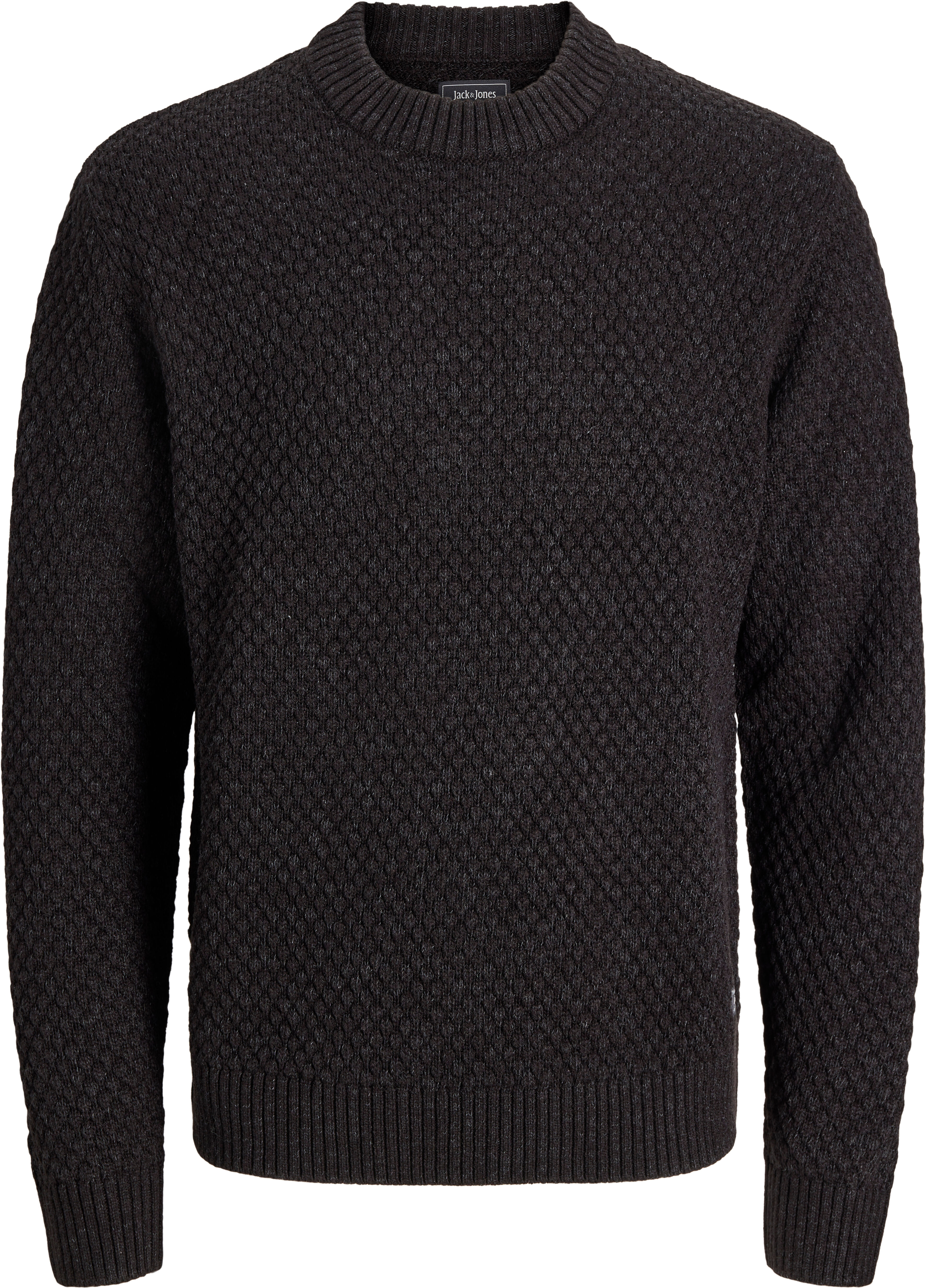 Rundhalspullover JACK & JONES "JJBLAKE KNIT CREW NECK SN", Herren, Gr. XL, dunkelgrau melange, Strick, Obermaterial: 74% Polyacryl, 18% Baumwolle, 8% Polyester, unifarben, relaxed fit normal, Rundhals, Bündchen, Pullover Rundhalspullover, Materialmix, rel