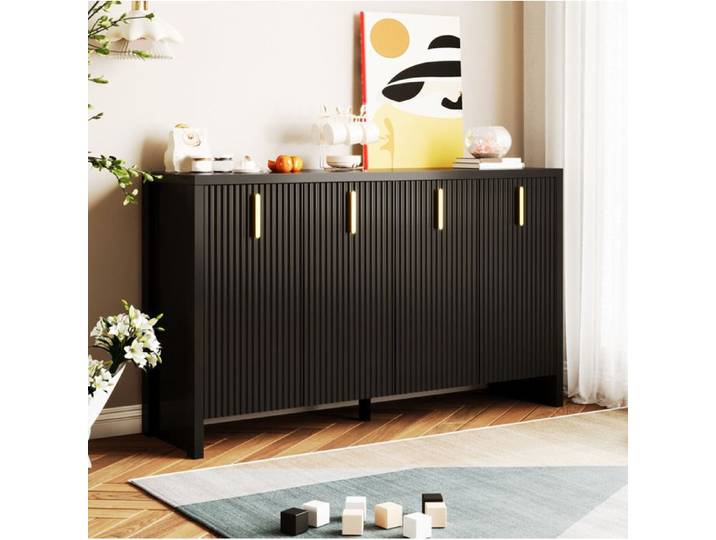 VUENOR Buffet bas 140x38x80 cm noir – 4 portes rangement réglable