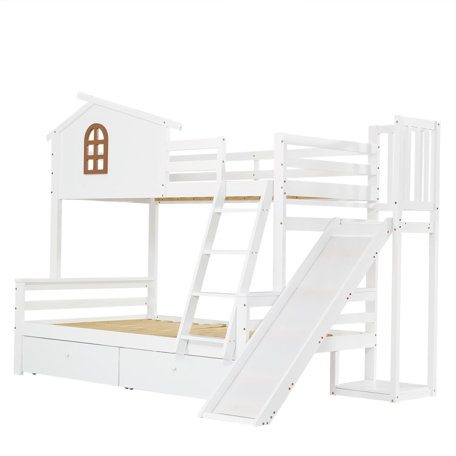 Etagenbett mit charakteristischen Fenstern und vierstufiger Kipptreppe,Kinder und Mutterbett mit Rutsche,mit zwei Schubladen,Bettrahmen aus Massivholz