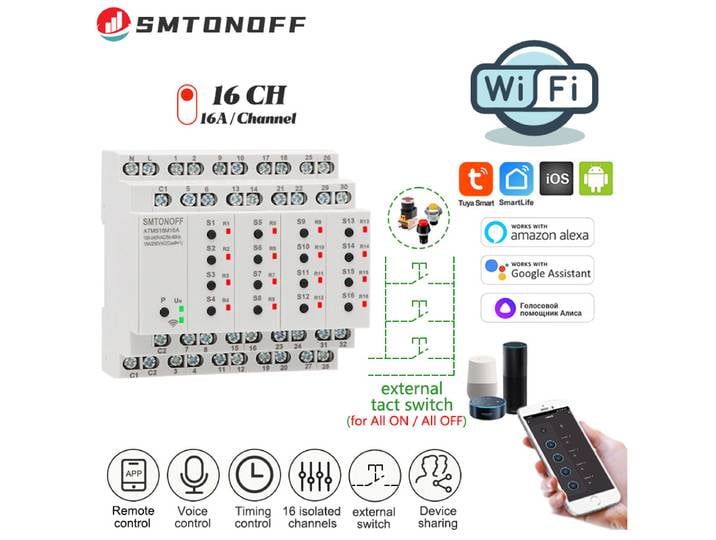 Interrupteur intelligent Tuya WIFI 16 canaux isolés 16 groupes sans interrupteur d'extension, minuterie intelligente, télécommande, commande vocale