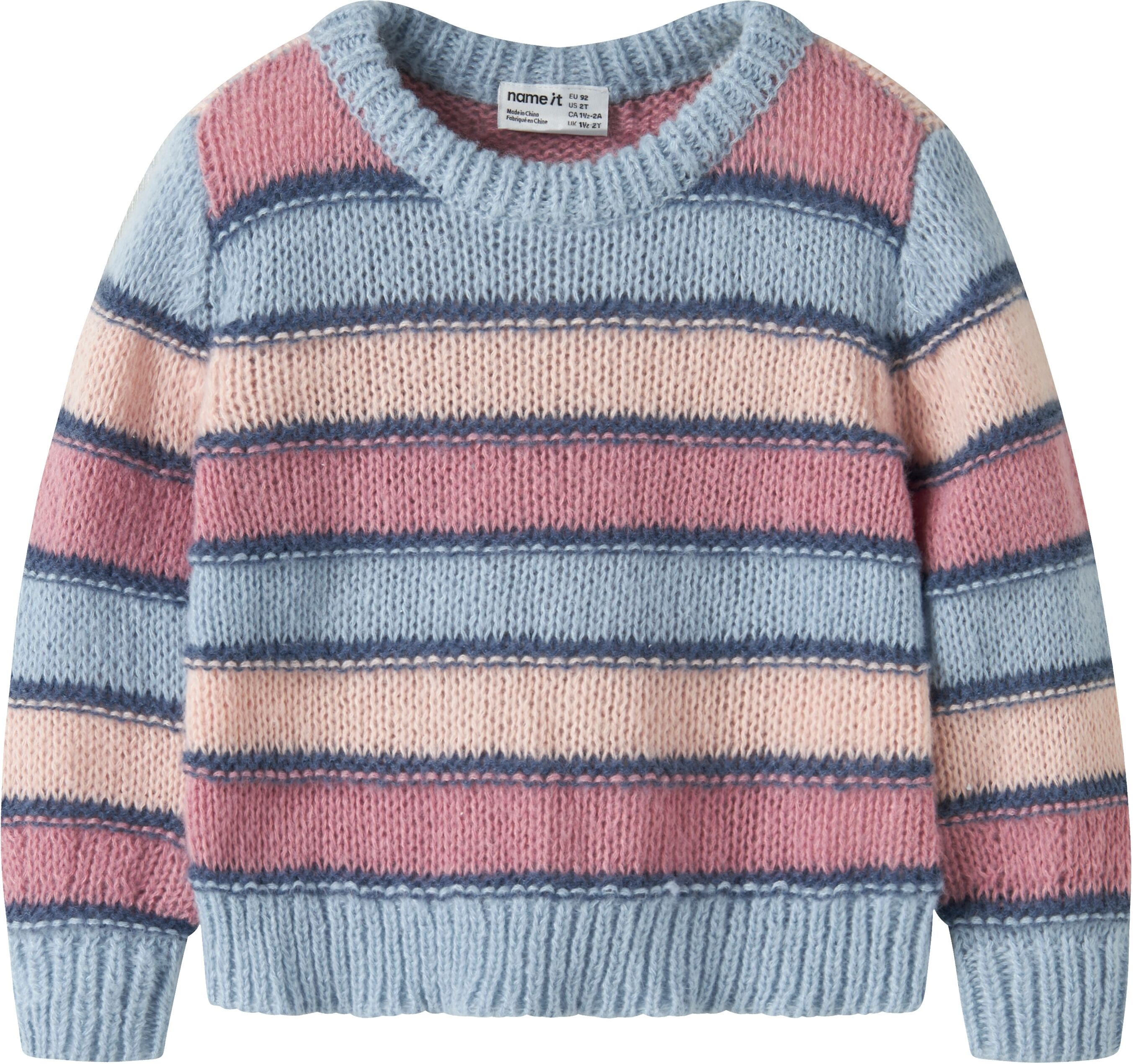 Rundhalspullover NAME IT "NMFLERNORT LS KNIT", Mädchen, Gr. 92, bunt (subdued blau), Strick, Obermaterial: 100% Polyester, regular fit normal, Rundhals, Bündchen, Pullover Rundhalspullover, Kunstfaser, regular fit