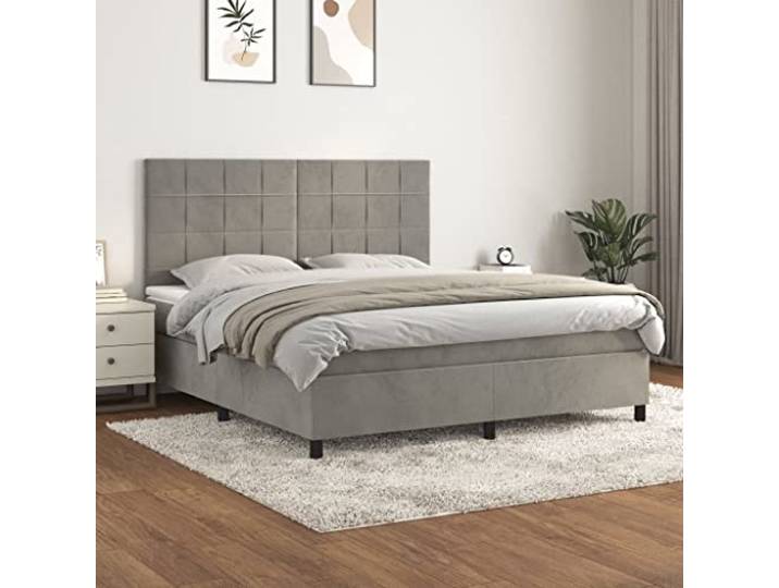 RJPLMFV Komplettes Bett, Velours, Hellgrau, 180 x 200 cm, mit Kopfteil Matratze mit Taschenfedern, mittlere Unterstützung, verstellbarer Kopf, weicher Matratzenschoner