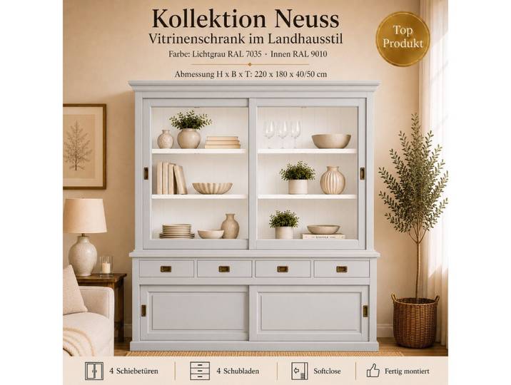 Wohnpalast Vitrine Vitrinen Schrank Neuss 180 cm Lichtgrau - Vitrine mit Schiebetüren