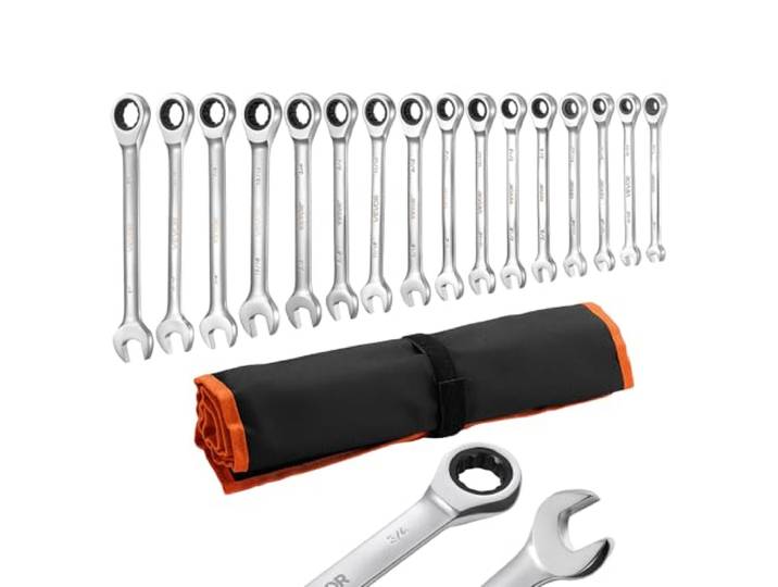 VEVOR Jeu de Clés Mixtes 16PCs\, Clé Plate à Cliquet SAE\, pour Réparation Domestique et Automobile\, Extrémité Fourche\, 72 Dents\, en Acier Cr-V\, avec Trousse Enroulable\, Marquage bien Lisible\, Argent